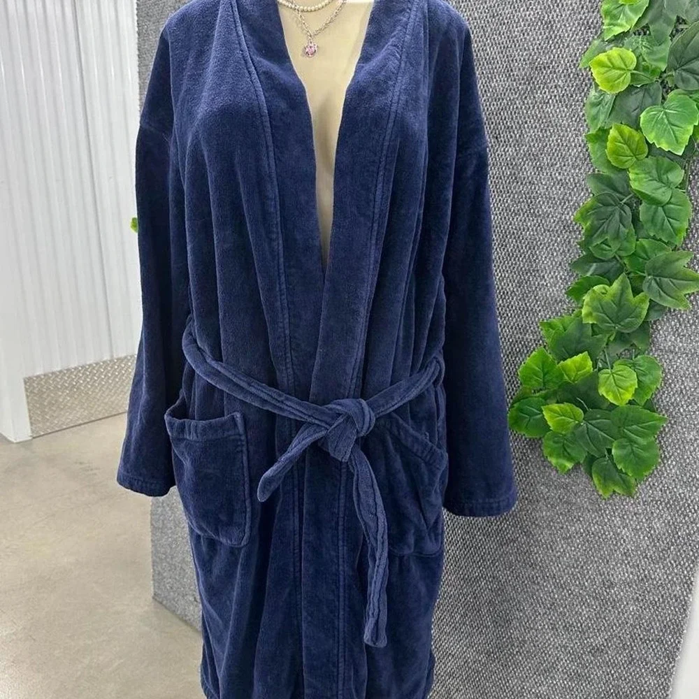 Polo Ralph Lauren Navy Velour Bath Robe Belted Cotton Housecoat